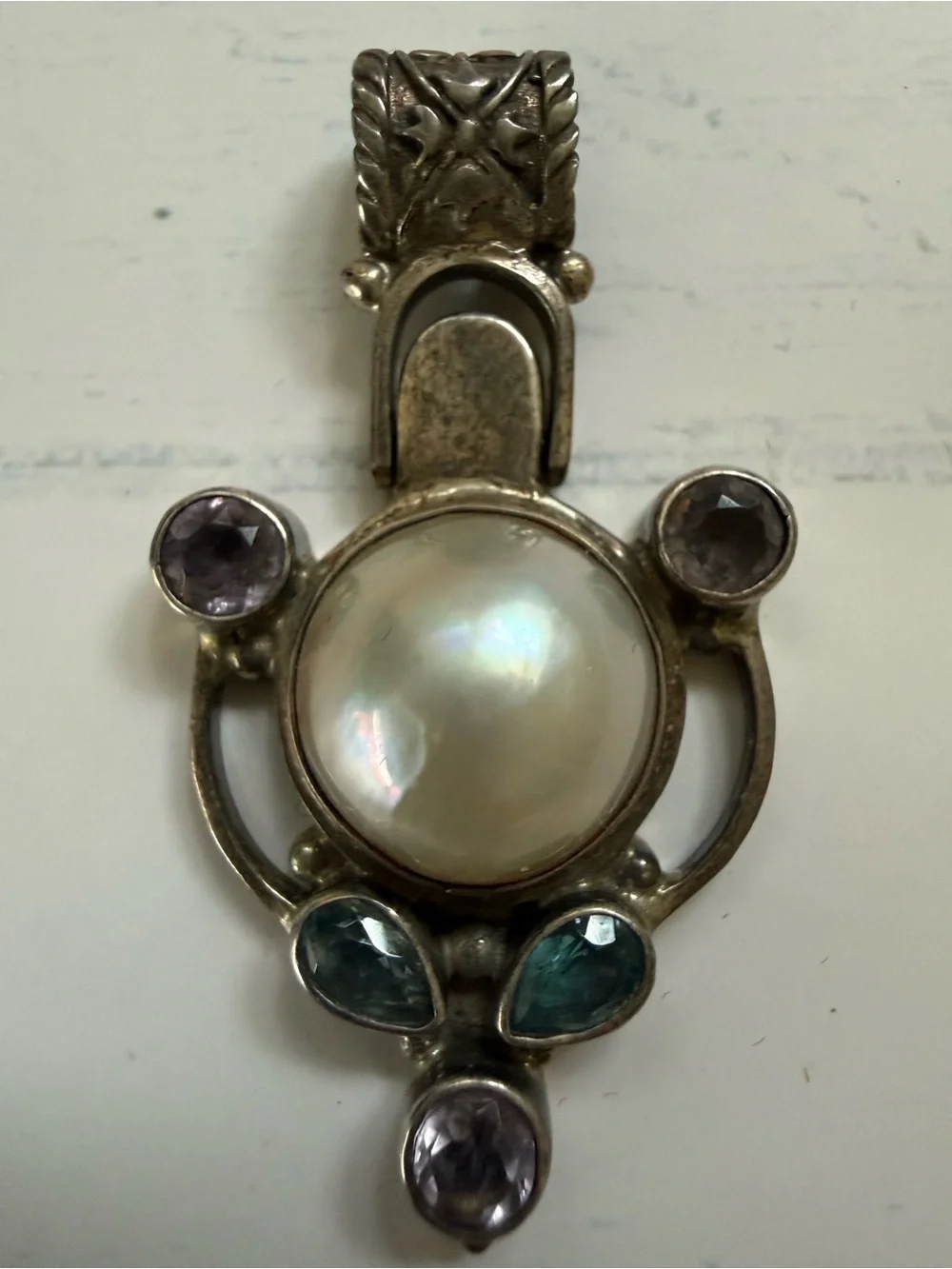 925 Sterling Silver Pearl Pendant with Blue and Purple Topaz Stones